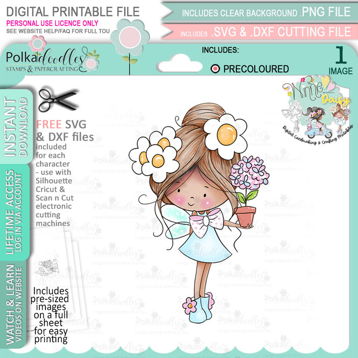 Flower Fairy Plant Pot Gift - (Colour - LIGHT skintone) Winnie Daisy Fairy cute girl printable clipart digital stamp, digistamp for cards, cardmaking, crafting and stickers