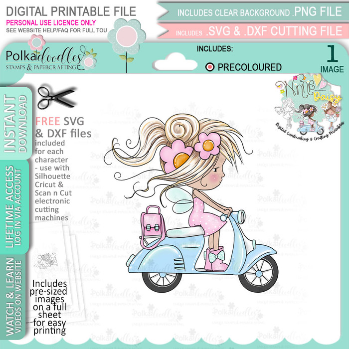 Flower Fairy on a Scooter/moped/bike - (Colour - LIGHT skintone) Winnie Daisy Fairy cute girl printable clipart digital stamp, digistamp for cards, cardmaking, crafting and stickers