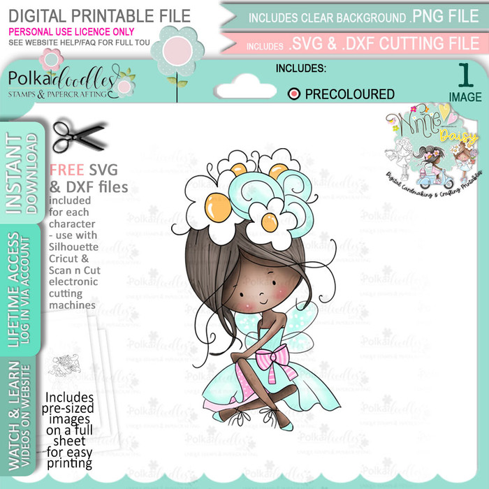 Flower Fairy sitting - (Colour - DEEP skintone) Winnie Daisy Fairy cute girl printable clipart digital stamp, digistamp for cards, cardmaking, crafting and stickers