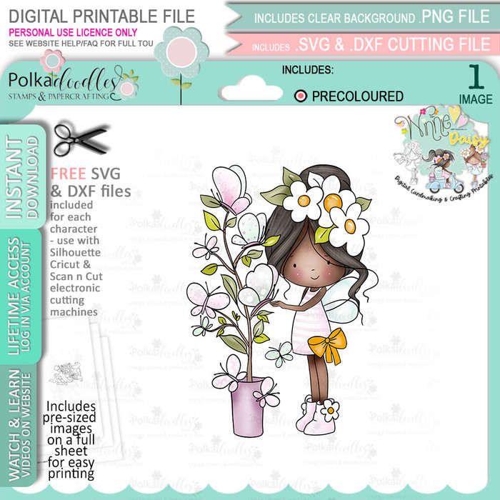 Butterfly Tree Fairy - (Colour - DEEP skintone) Winnie Daisy Fairy cute girl printable clipart digital stamp, digistamp for cards, cardmaking, crafting and stickers