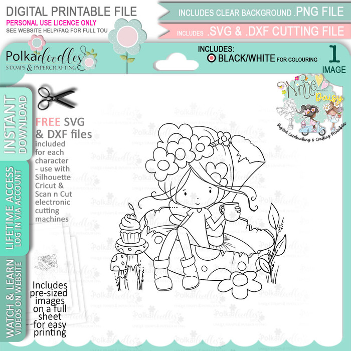 Taking a Break Toadstool - Winnie Daisy Fairy cute girl printable clipart digital stamp, digistamp for cards, cardmaking, crafting and stickers