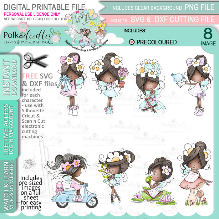 Winnie Daisy Fairy cute girl Bundle - COLOUR, DEEP skintones printable clipart digital stamp, digistamp for cards, cardmaking, crafting and stickers