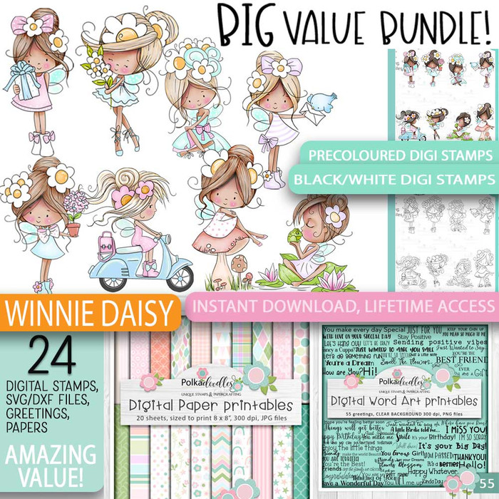 Winnie Daisy Fairy cute girl - BIG KAHUNA BUNDLE printable clipart digital stamp, digistamp for cards, cardmaking, crafting and stickers