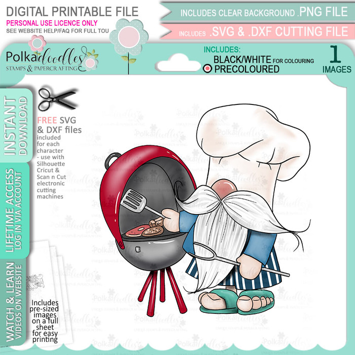 BBQ, Chef, Cook (Colour ) Gnome For Men printable clipart digital stamp, digistamp for cards, cardmaking, crafting and stickers