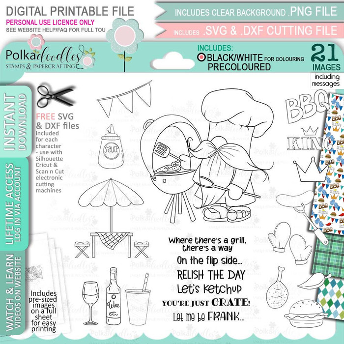 BBQ, Chef, Cook bundle - Gnome For Men printable clipart digital stamp, digistamp for cards, cardmaking, crafting and stickers