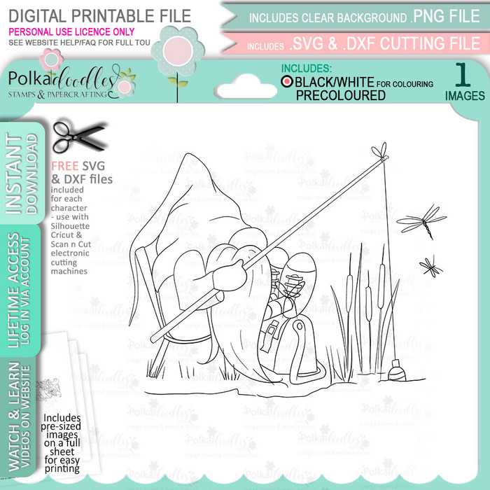 Fishing Gnome For Men printable clipart digital stamp, digistamp for cards, cardmaking, crafting and stickers