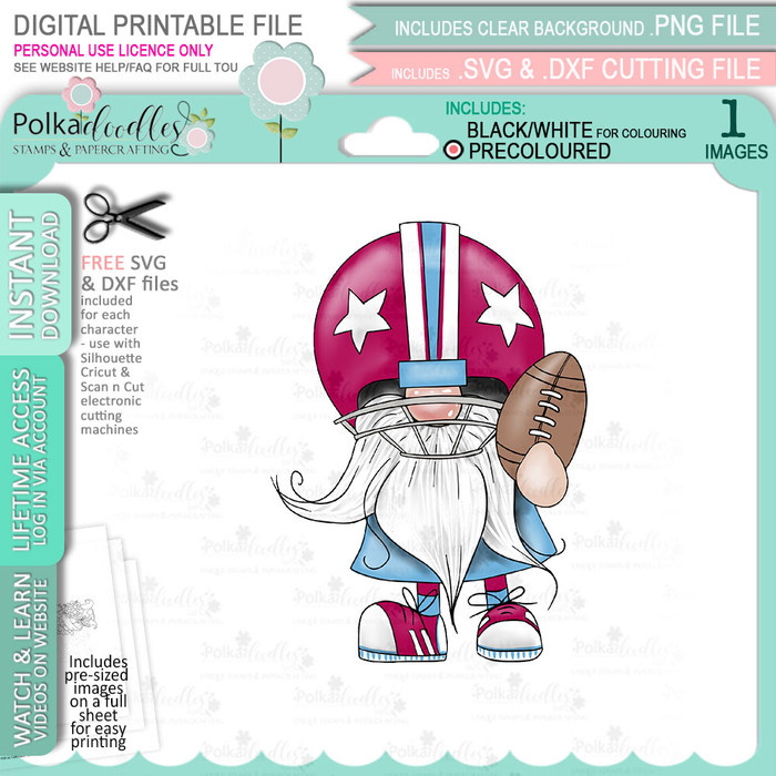 American Football Gnome (COLOUR) For Men printable clipart digital stamp, digistamp for cards, cardmaking, crafting and stickers
