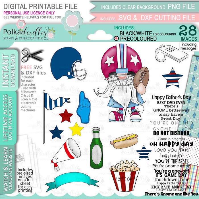 American Football Gnome For Men - COLOUR Bundle of printable clipart digital stamp, digistamp for cards, cardmaking, crafting and stickers