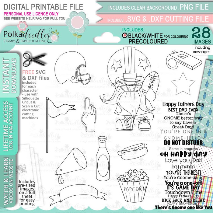 American Football Gnome For Men - Bundle of printable clipart digital stamp, digistamp for cards, cardmaking, crafting and stickers