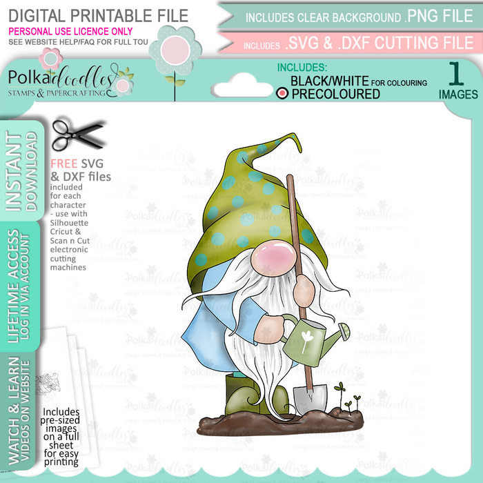 Gardening Gnome (COLOUR) For Men printable clipart digital stamp, digistamp for cards, cardmaking, crafting and stickers