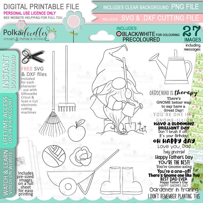 Gardening Gnome For Men - Bundle of printable clipart digital stamp, digistamp for cards, cardmaking, crafting and stickers