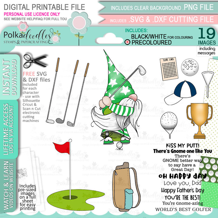 Golf Gnome For Men - COLOUR Bundle of printable clipart digital stamp, digistamp for cards, cardmaking, crafting and stickers