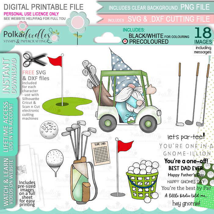 Golf Cart Gnome For Men - Colour Bundle of printable clipart digital stamp, digistamp for cards, cardmaking, crafting and stickers