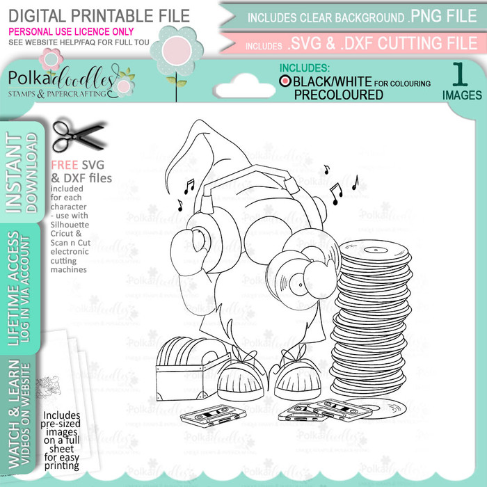 Music Record Collector Gnome For Men printable clipart digital stamp, digistamp for cards, cardmaking, crafting and stickers