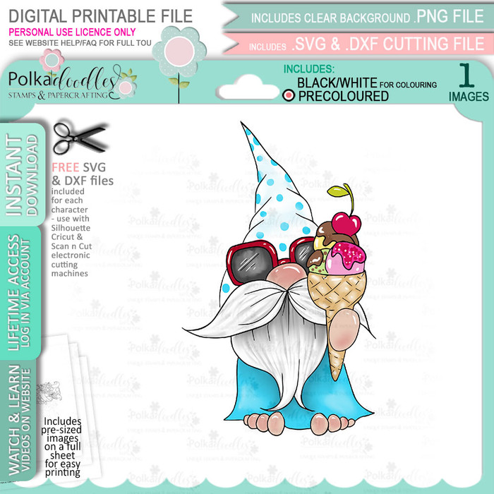 Ice Cream Beach Gnome COLOUR For Men printable clipart digital stamp, digistamp for cards, cardmaking, crafting and sticker