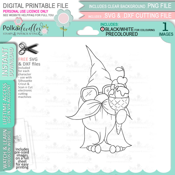 Ice Cream Beach Gnome For Men printable clipart digital stamp, digistamp for cards, cardmaking, crafting and stickers