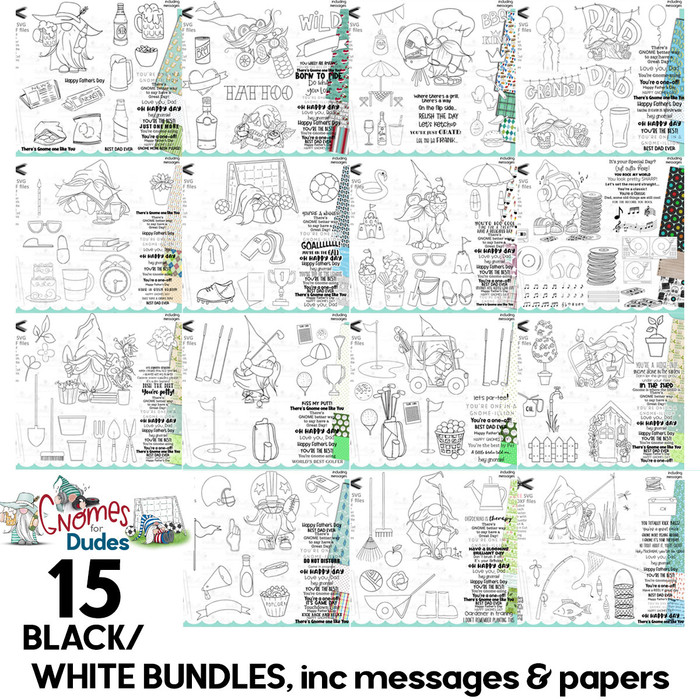 Gnome For Men - 15 BLACK/WHITE printable clipart digital stamp, digistamp for cards, cardmaking, crafting and stickers