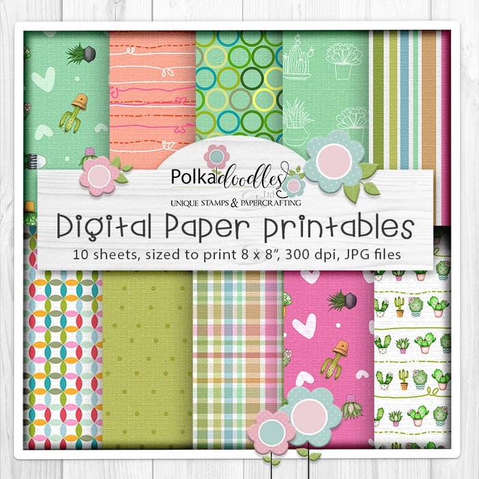 Happy Cactus Succulent printable paper patterns 2 - digital printables for cardmaking, craft & stickers