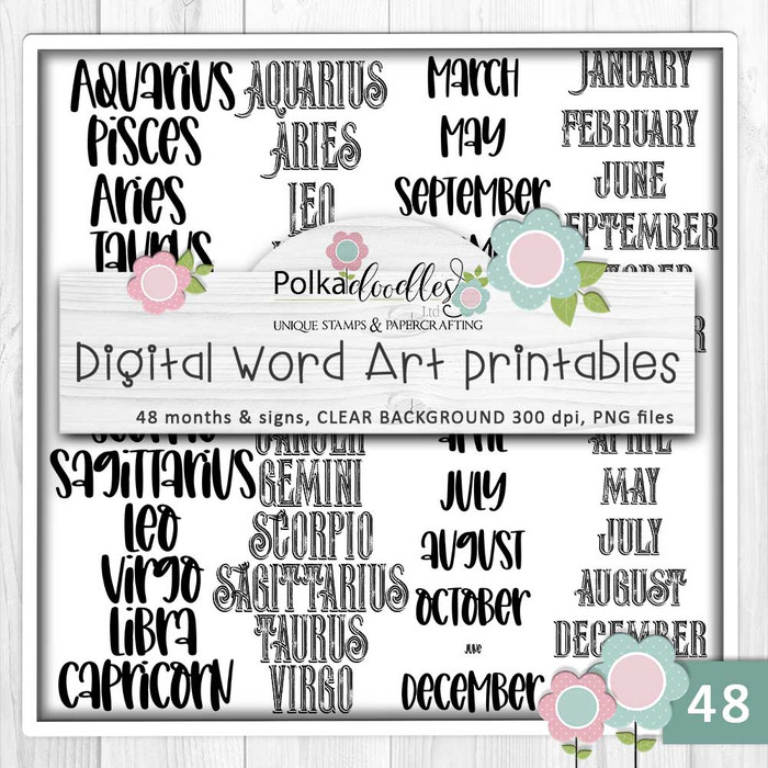 Zodiac Signs and Months words digital stamps - printable clipart for cardmaking, craft, scrapbooking & stickers
