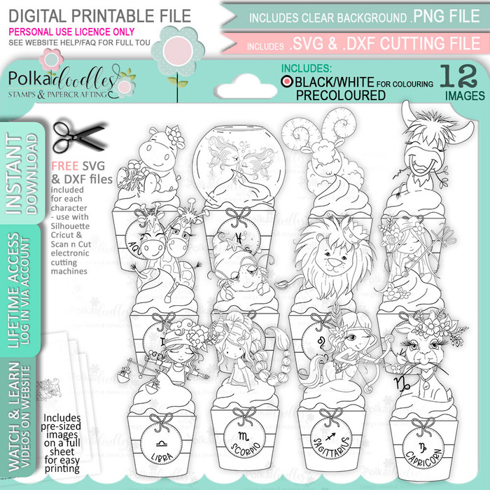 Zodiac/Horoscope/Star Sign Cupcake digital stamps bundle - printable clipart  for cardmaking, craft, scrapbooking & stickers