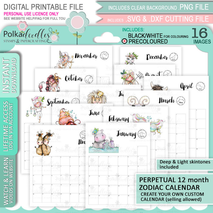 Zodiac Perpetual Calendar template (COLOUR) - printable clipart for cardmaking, craft, scrapbooking & sticker