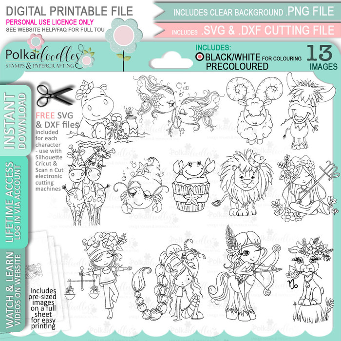 Zodiac/Horoscope/Star Signs digital stamp BUNDLE - 13 printable clipart for cardmaking, craft, scrapbooking & stickers