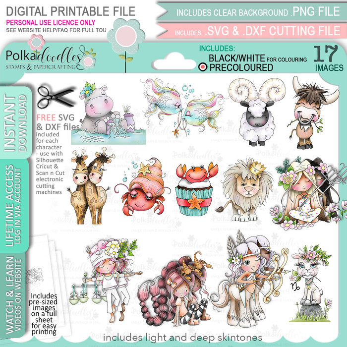 Zodiac/Horoscope/Star Signs - 17 digital stamp BUNDLE - (COLOUR deep & Light skintones) cardmaking, craft, scrapbooking & sticker printables