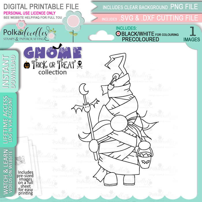 Mummy Halloween Gnome digital stamp - printable clipart  for cardmaking, craft, scrapbooking & stickers