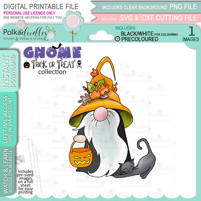 Trick or Treat Halloween Gnome digital stamp - (COLOUR) printable clipart  for cardmaking, craft, scrapbooking & stickers