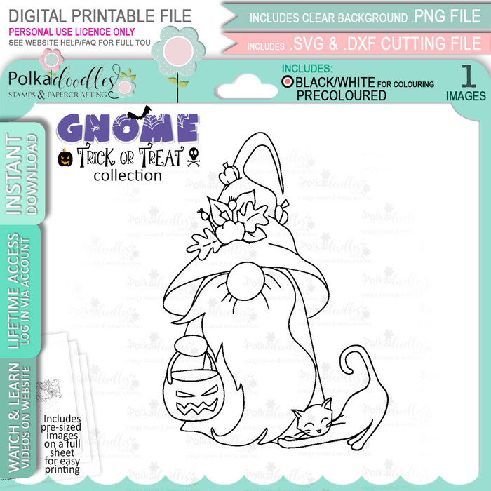 Autumn Trick or Treat Halloween Gnome digital stamp - printable clipart  for cardmaking, craft, scrapbooking & stickers