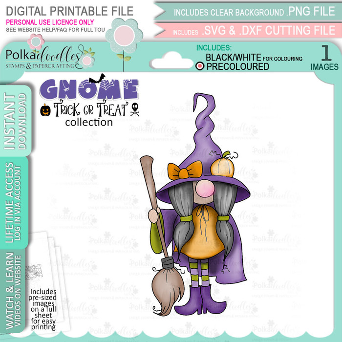 Cute Witch Halloween Gnome digital stamp - (COLOUR) printable clipart  for cardmaking, craft, scrapbooking & stickers