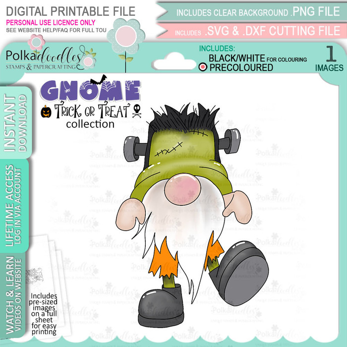 Frankenstein Monster Halloween Gnome digital stamp - (COLOUR) printable clipart  for cardmaking, craft, scrapbooking & stickers
