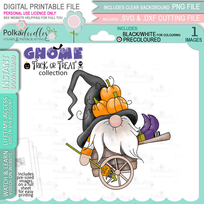 Autumn Wheelbarrow Halloween Gnome digital stamp - (COLOUR) printable clipart  for cardmaking, craft, scrapbooking & stickers