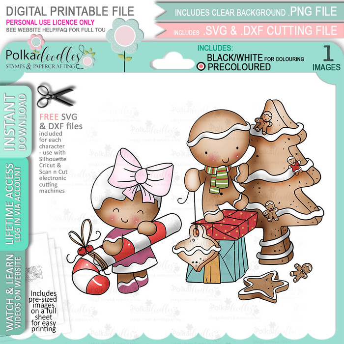 Decorating the Tree - Gingerbread Holly digital stamp - (COLOUR) printable clipart  for cardmaking, craft, scrapbooking & stickers