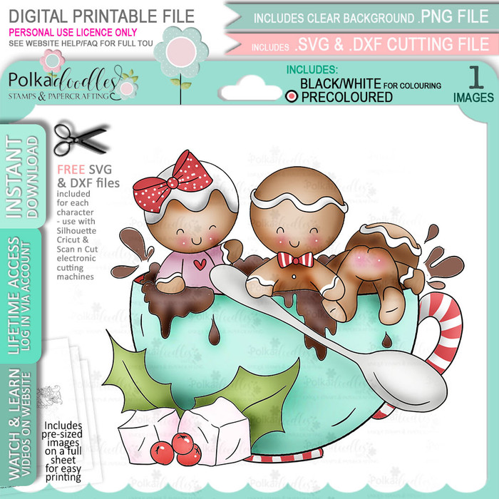 Hot Chocolate - Gingerbread Holly digital stamp - (COLOUR) printable clipart  for cardmaking, craft, scrapbooking & stickers