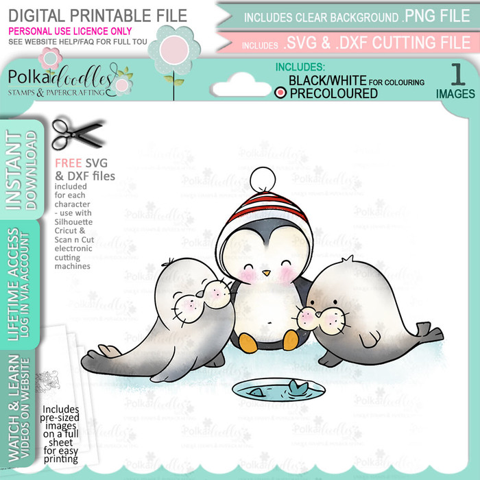 Seal Fun Theo Penguin digital stamp - (COLOUR) printable clipart  for cardmaking, craft, scrapbooking & stickers