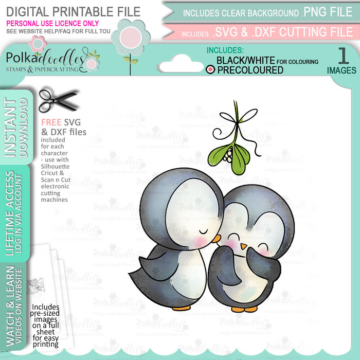 Mistletoe Kiss Theo Penguin digital stamp - (COLOUR) printable clipart  for cardmaking, craft, scrapbooking & stickers