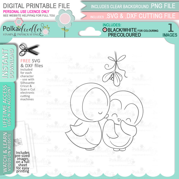 Mistletoe Kiss Theo Penguin digital stamp - printable clipart  for cardmaking, craft, scrapbooking & stickers