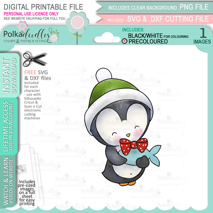 Fishy Present Theo Penguin digital stamp - (COLOUR) printable clipart  for cardmaking, craft, scrapbooking & stickers