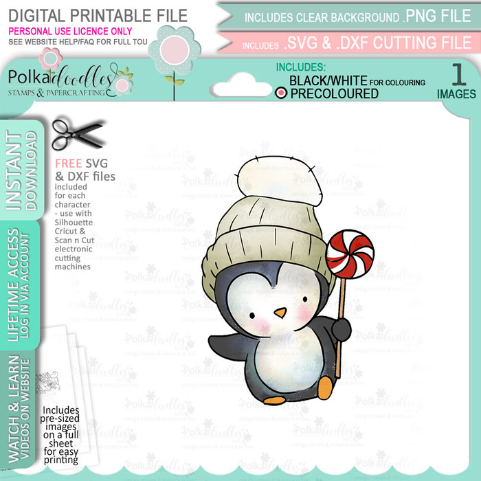 Sweet Candy Stick Theo Penguin digital stamp - (COLOUR) printable clipart  for cardmaking, craft, scrapbooking & stickers
