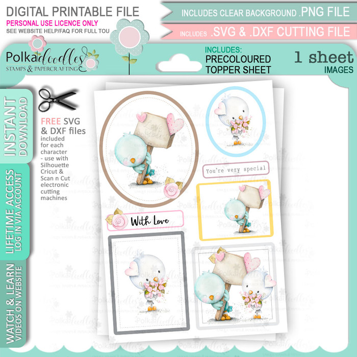 Wings of Love coloured Topper sheet 6 - Valentine  cute printable craft download with free SVG /DXF files