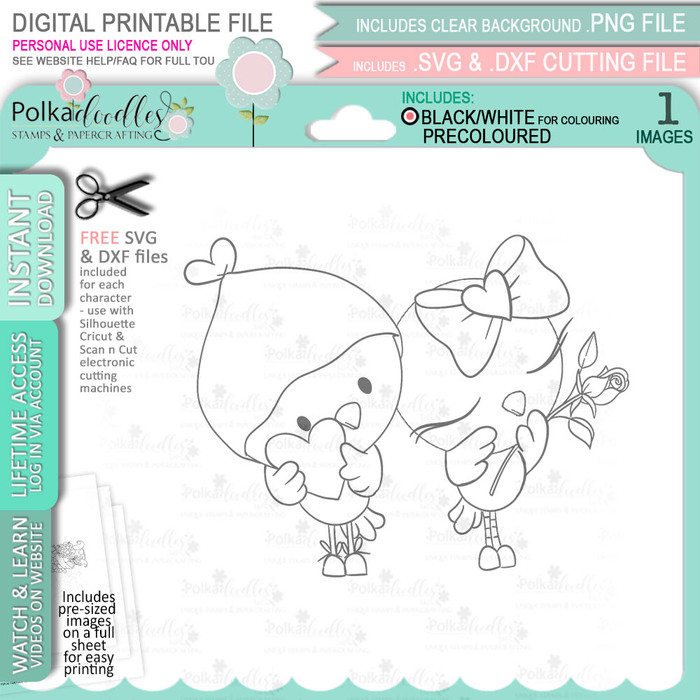 Love Birds Hearts & Roses Valentine - Wings of Love cute printable craft digital stamp download with free SVG /DXF files
