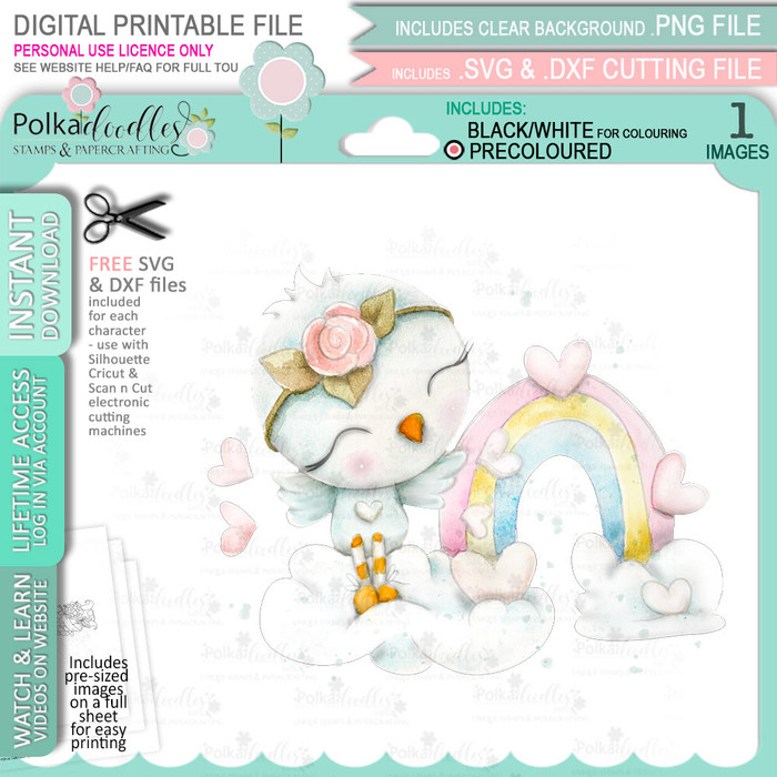 Love Bird Rainbow (precoloured) Valentine - Wings of Love cute printable craft digital stamp download with free SVG /DXF files