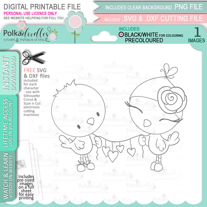 Love Bird Heart Bunting Valentine - Wings of Love cute printable craft digital stamp download with free SVG /DXF files