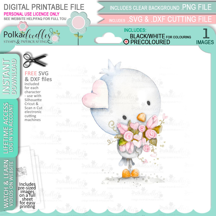 Love Birds Wings of Love cute printable (precoloured) craft digital stamp download bundle