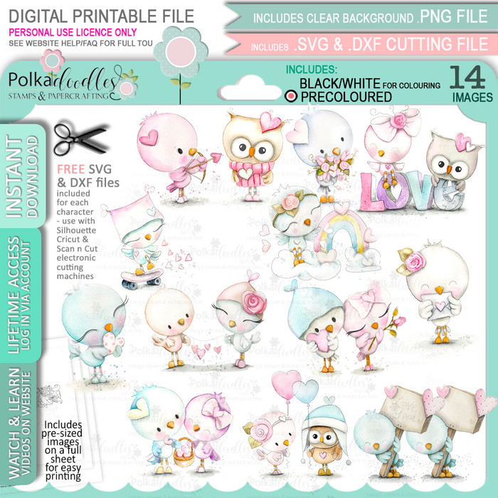 Love Birds Wings of Love cute printable (precoloured) craft digital stamp download bundle