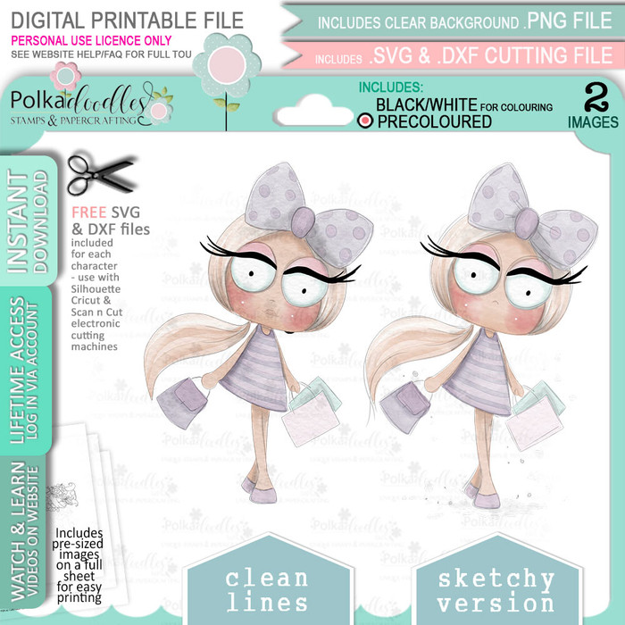 Shopping Rebel girl (precoloured clipart) -  cute printable craft digital stamp craft download