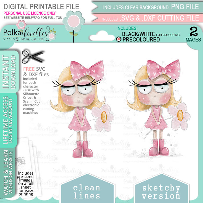 Flower Rebel girl (precoloured clipart) -  cute printable craft digital stamp craft download