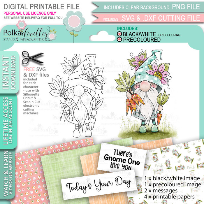 Gnome holding carrots gardening -  printable craft digital stamp download, SVG, papers, greeting