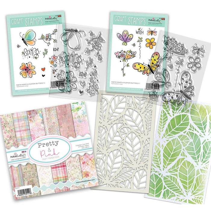 Hearts and Flowers Butterfly Stamps, stencil and papers bundleHearts and Flowers Butterfly Stamps, stencil and papers bundle